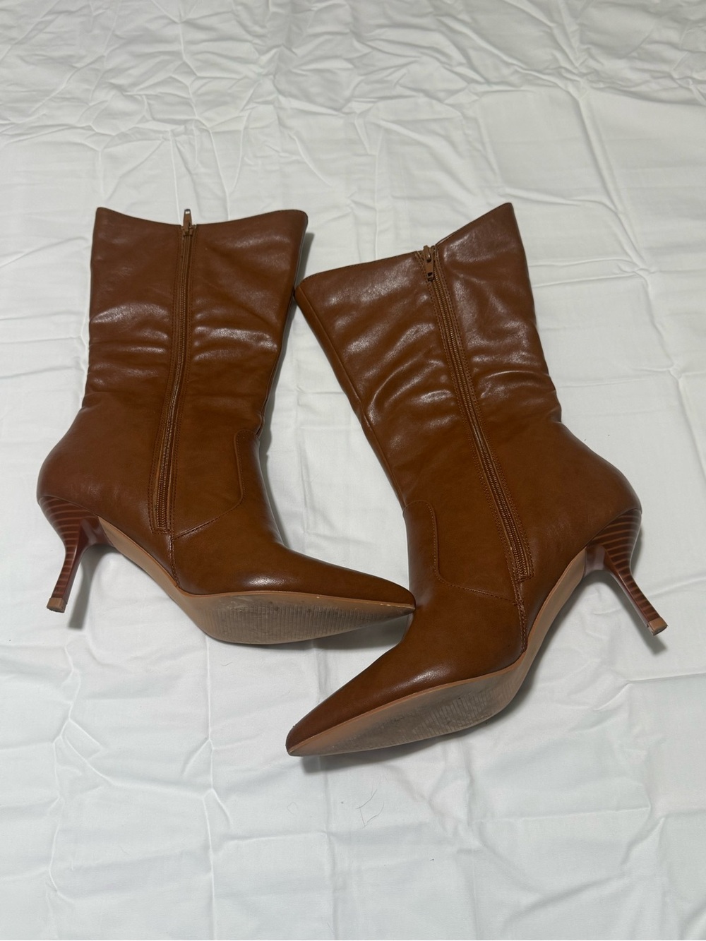 Brown Pointed-Toe Mid-Calf Stiletto Boots